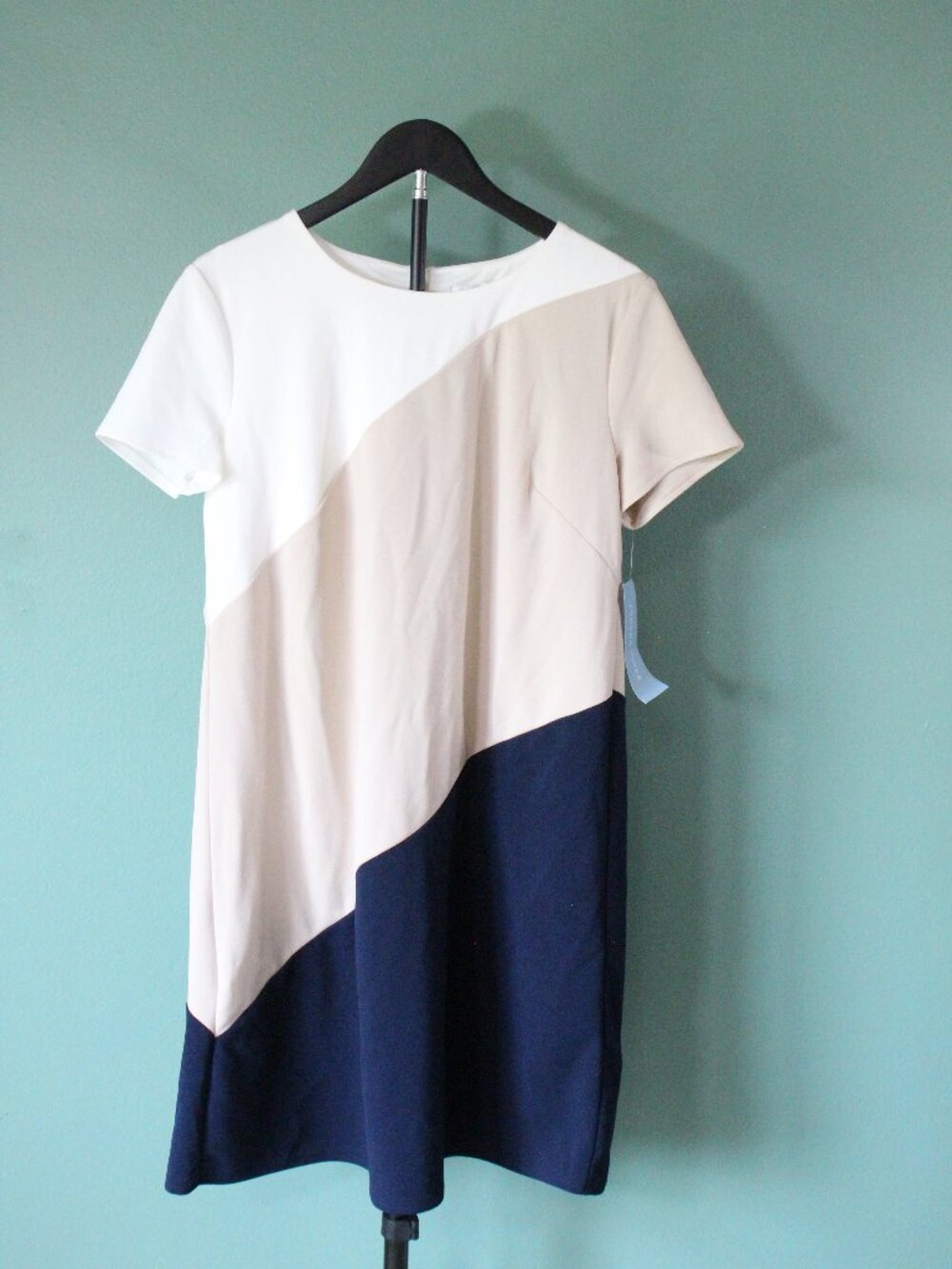 London Times Womens A-line Color Block Dress Ecru/Stone/Navy